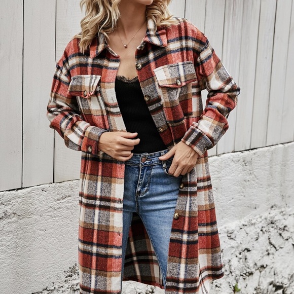 Comfy pink Plaid Button up Oversized Jacket Shacket - Picture 5 of 13